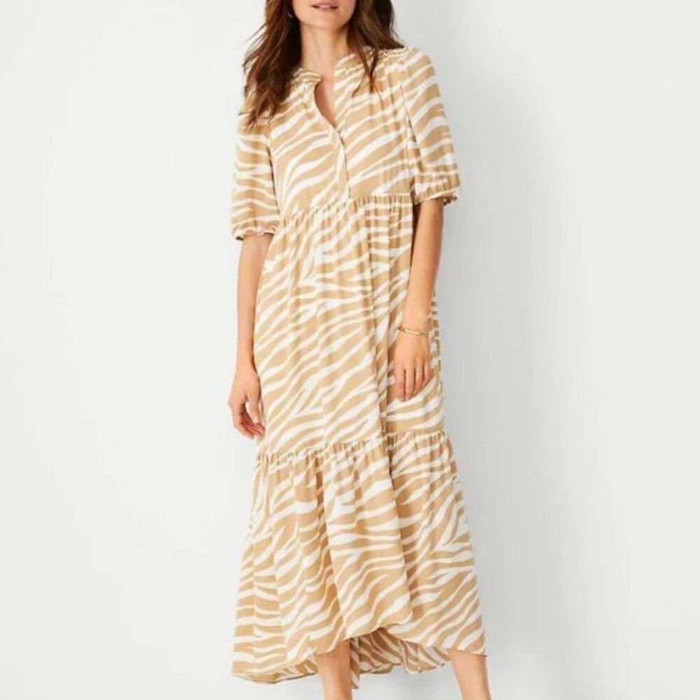 Ann Taylor Zebra Print Puff Sleeve Midi Dress